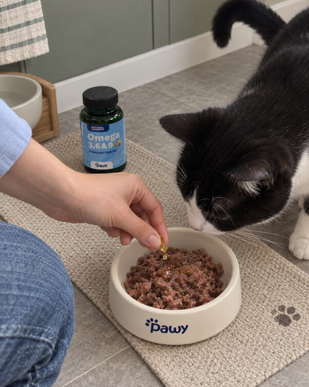An omega-3 capsule in a hand next to the bottle and a Pawy bowl