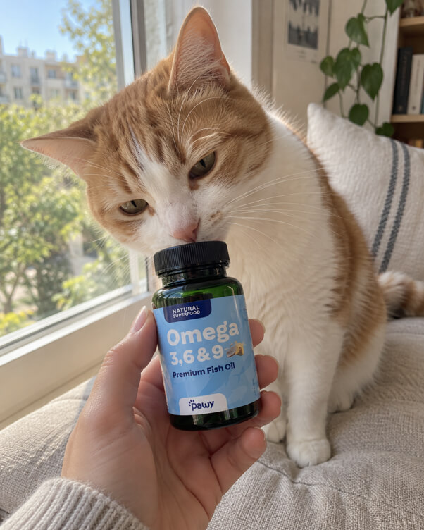 An owner squeezing an omega-3 capsule over a Pawy bowl while the dog watches