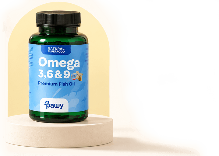 Pawy Omega 3 bottle on a stone pedestal