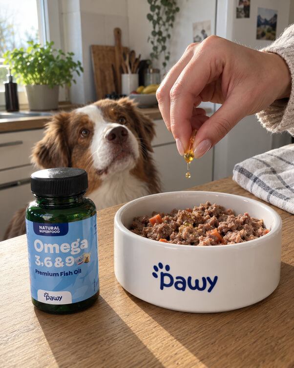 An owner squeezing an omega-3 capsule over a Pawy bowl while the dog watches
